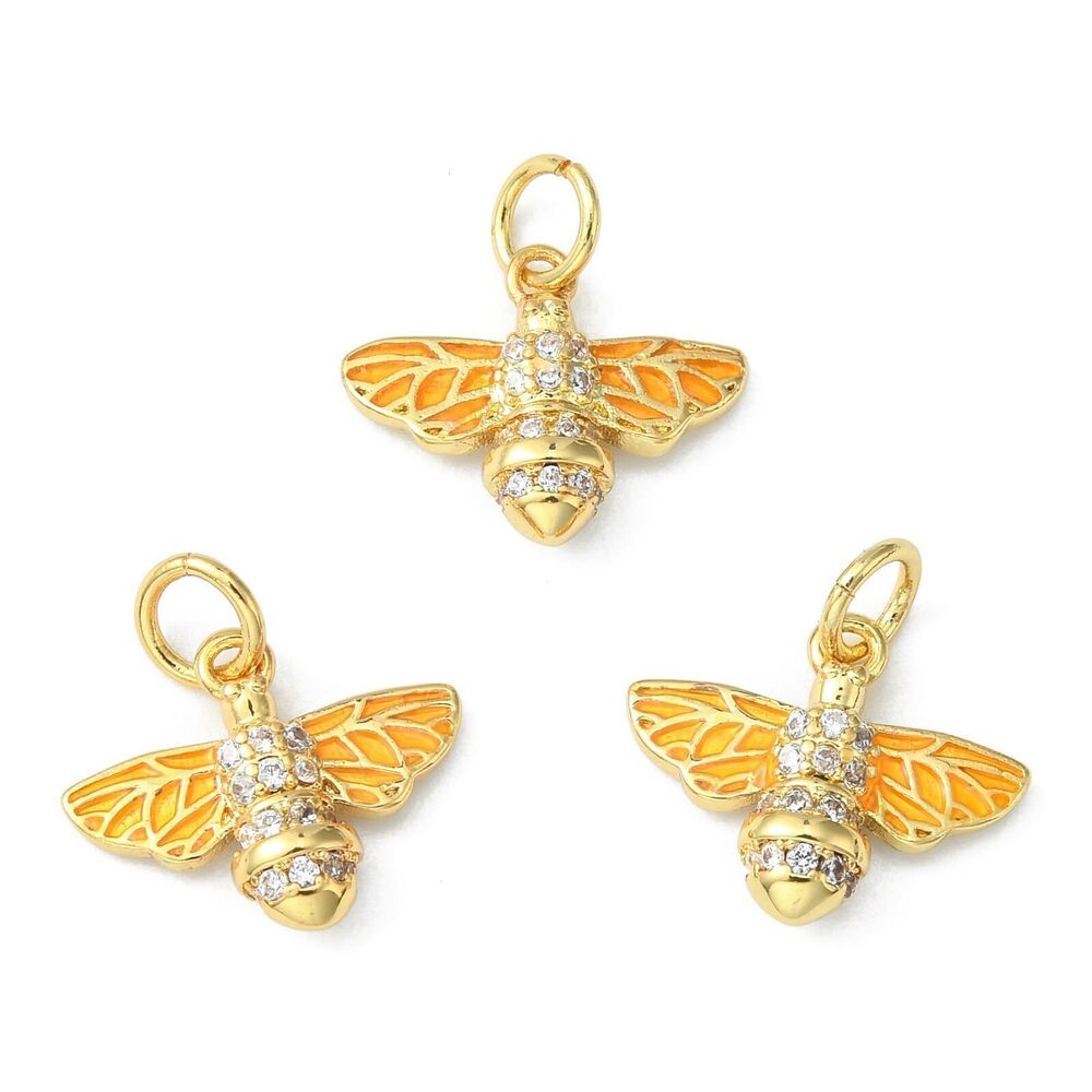 1946 5 Pcs Cubic Zirconia Animal Honey Bee Charms Enamel Yellow Honeybee